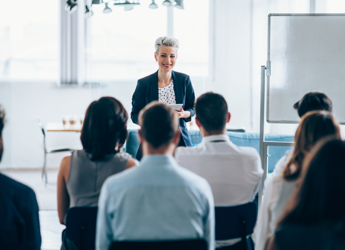 A woman leading a training class for professionals