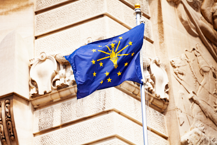 Indiana flag against Soldiers and Sailors monument