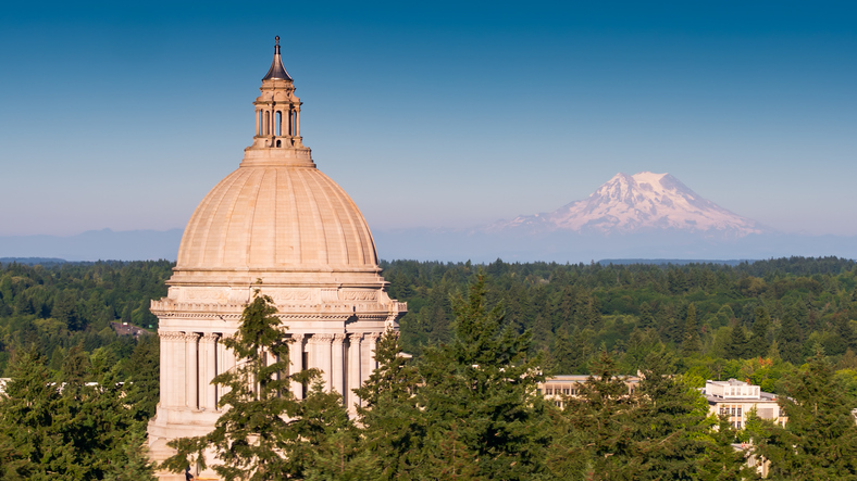 Washington state Capitol building with Mt Rainier in the background