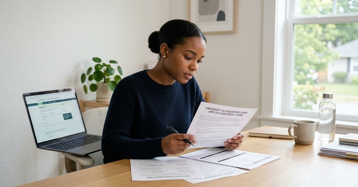 Criminal justice student reviewing scholarship applications and financial aid options at a desk