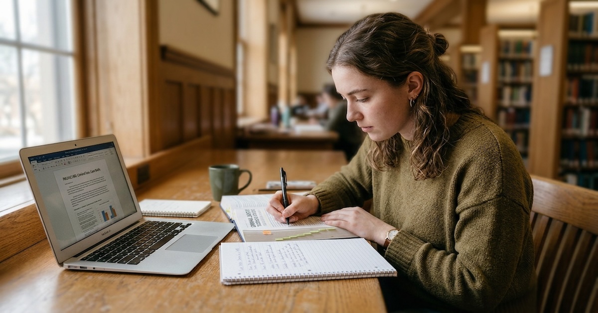 Criminal justice student studying at a library desk with textbooks and notes