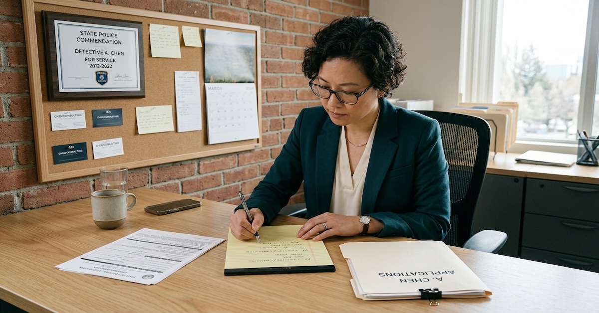 Former detective reviewing private investigator licensing application at a desk, with a state police commendation on the corkboard behind her
