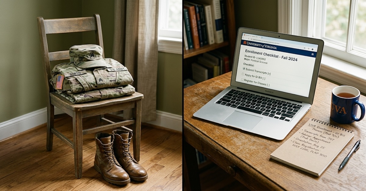 Army uniform and combat boots on a wooden chair beside a desk with a laptop open to a GI Bill college enrollment checklist and handwritten course notes