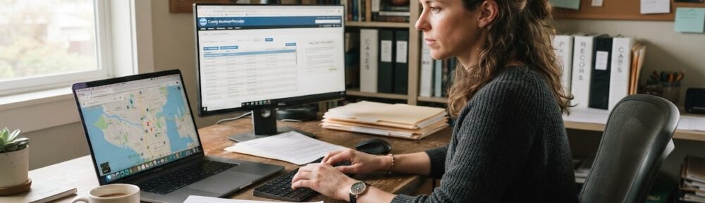 Private investigator conducting OSINT research using public records and online maps
