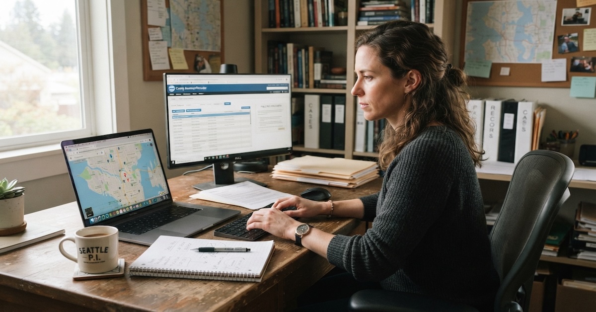 Private investigator conducting OSINT research using public records and online maps